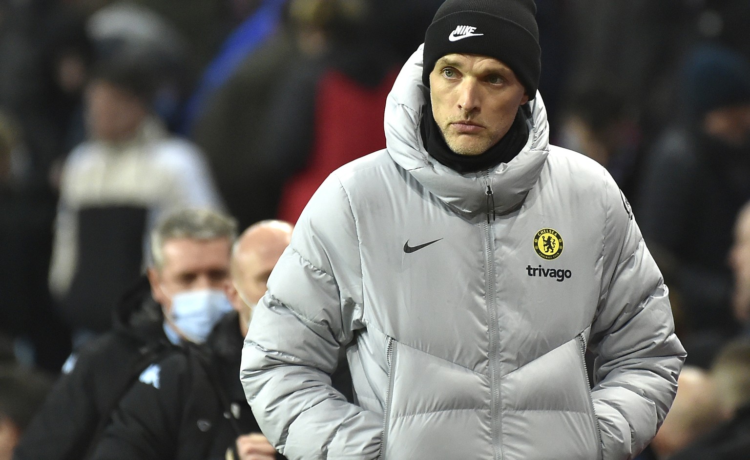 Chelsea&#039;s head coach Thomas Tuchel during the English Premier League soccer match between Aston Villa and Chelsea at Villa Park in Birmingham, England, Sunday, Dec. 26, 2021. (AP Photo/Rui Vieira ...