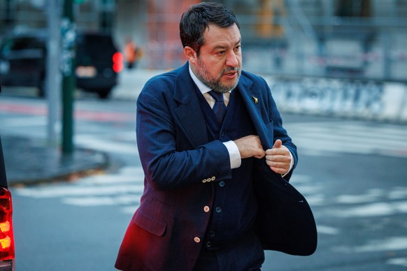 epa11663825 The Federal Secretary of Italy&#039;s Lega Nord party, Matteo Salvini, arrives at a meeting of Patriots for Europe in Brussels, Belgium, 17 October 2024. Patriots for Europe is the third l ...