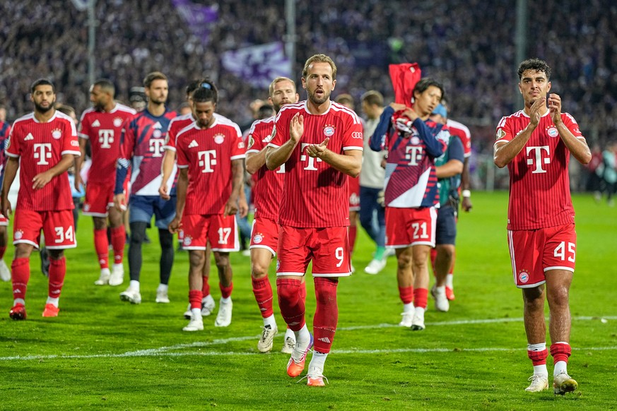 Bayern Munich players celebrate their victory at the German soccer cup match between VfL Osnabrueck and Bayern Munich in Osnabrueck, Germany, Wednesday, Sept. 2, 2026. (AP Photo/Martin Meissner)
Germa ...