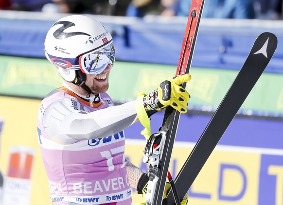 epa08049804 Aleksander Aamodt Kilde of Norway reacts in the finish area of the Men&#039;s Super G competition of the FIS Alpine Skiing World Cup in Beaver Creek, Colorado, USA, 06 December 2019. EPA/J ...