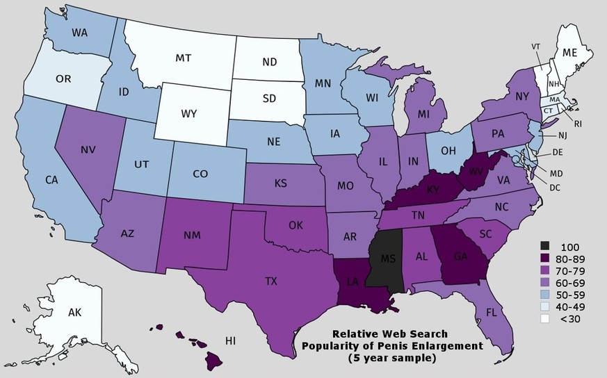 Terrible Maps: Interest in penis enlargement by US state https://twitter.com/TerribleMaps/status/1591180513296932866/photo/1