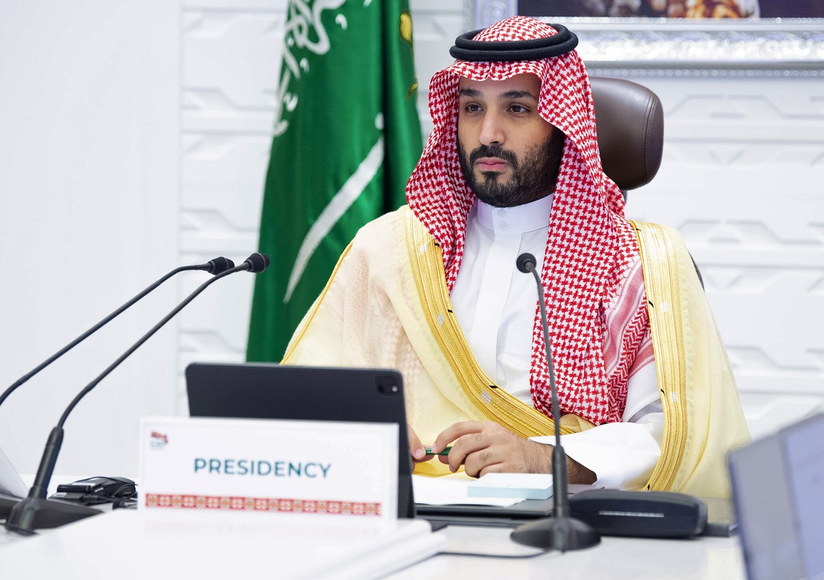Saudi Arabia's Crown Prince Mohammed bin Salman attends a virtual G-20 summit held over video conferencing, in Riyadh, Saudi Arabia, Sunday, Nov. 22, 2020. The Group of 20 summit began Saturday w ...