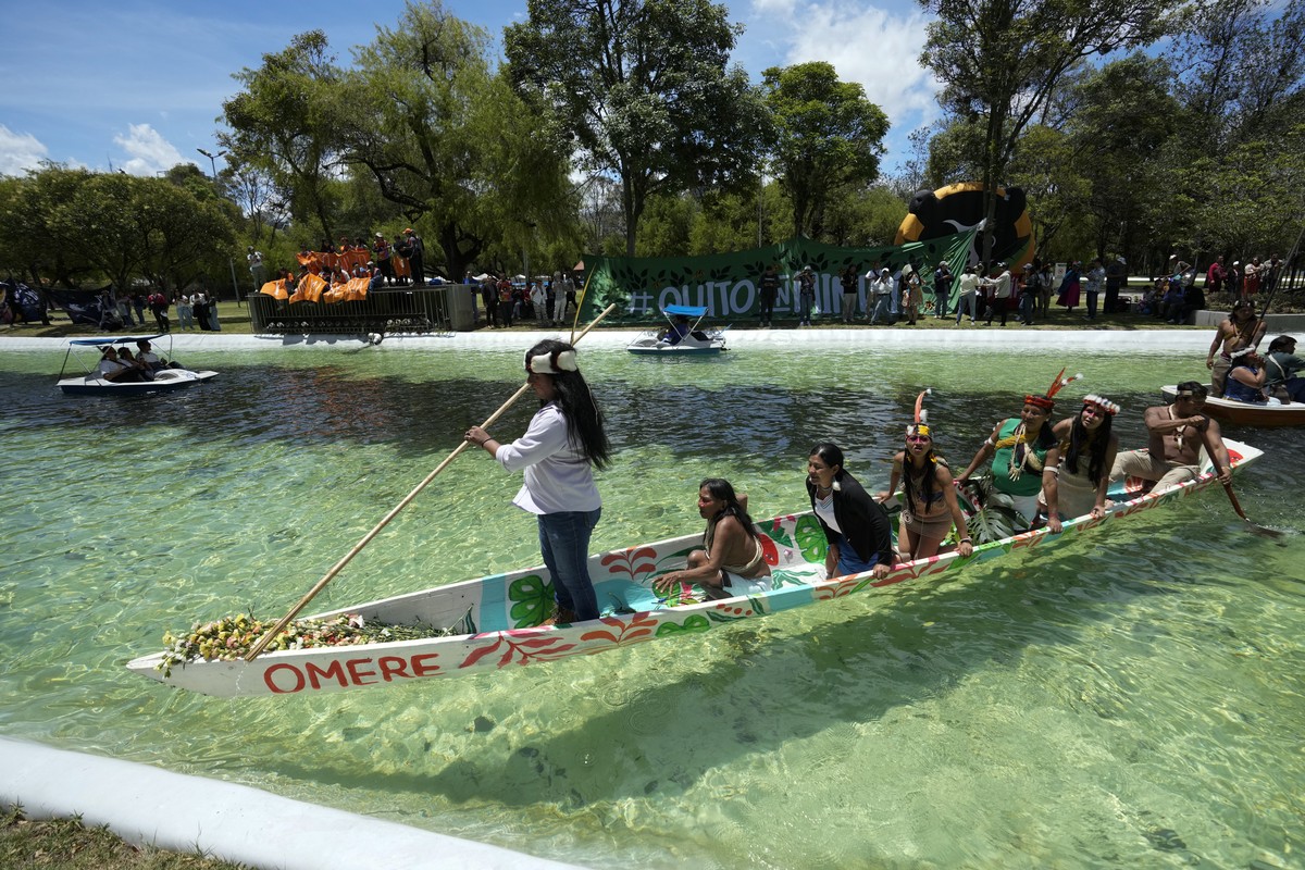 FILE - Waorani Indigenous women take part in a demonstration in Quito, Ecuador, Aug. 20, 2024, demanding authorities comply with the decision to halt oil drilling in a national park in the heart of th ...