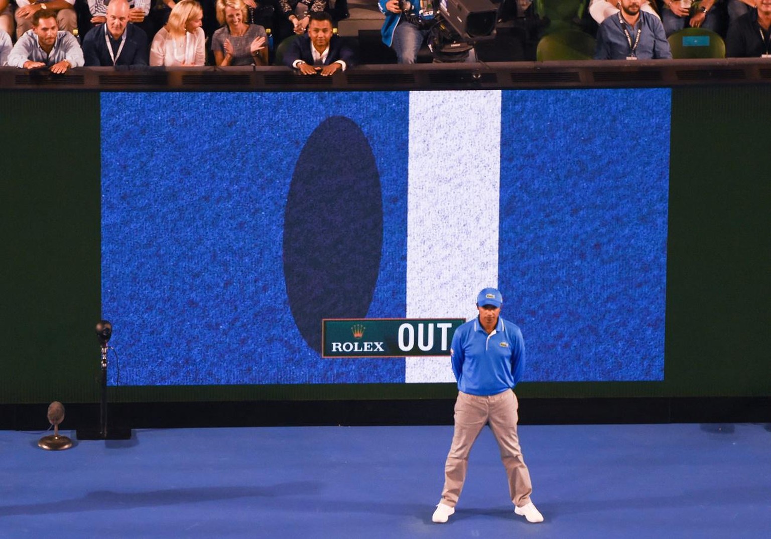 epa05118202 (FILE) - A screen shows the hawk-eye review during the third round match between Nick Kyrgios of Australia and Tomas Berdych of Czech Republic at the Australian Open tennis tournament in M ...
