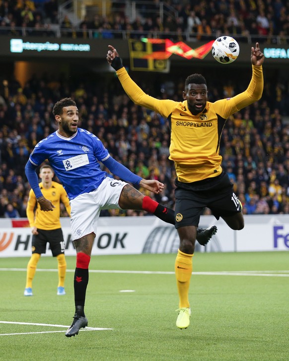 Glasgow&#039;s Connor Goldson, left, and Young Boys&#039; Jean-Pierre Nsame in action, during the UEFA Europa League group stage match between Switzerland&#039;s BSC Young Boys Bern and Scotland&#039; ...