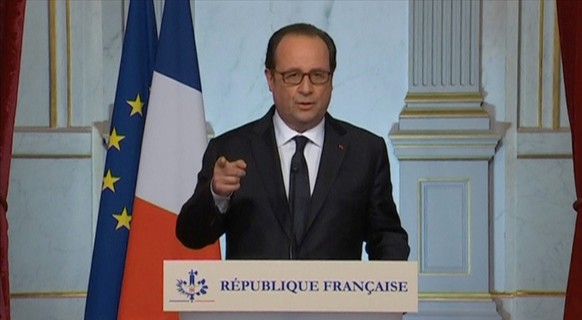 Still image from video shows French President Francois Hollande giving a statement following the attack in Nice, during a national television address in Paris July 15, 2016. French Pool via Reuters Tv ...