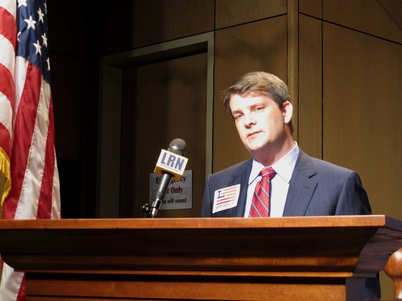 FILE - In this July 22, 2020 file photo, Luke Letlow, R-Start, chief of staff to exiting U.S. Rep. Ralph Abraham, speaks after signing up to run for Louisiana&#039;s 5th Congressional District in Bato ...