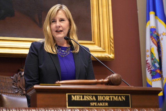 FILE - Speaker of the House Melissa Hortman addresses the house floor after being re-elected for her third term during the first day of the 2023 legislative session, Tuesday, Jan. 3, 2023, in St. Paul ...