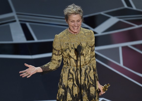 Frances McDormand accepts the award for best performance by an actress in a leading role for &quot;Three Billboards Outside Ebbing, Missouri&quot; at the Oscars on Sunday, March 4, 2018, at the Dolby  ...