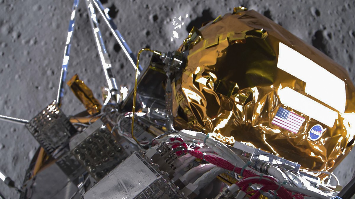 This image provided by Intuitive Machines on Tuesday, Feb. 27, 2024 shows its Odysseus lunar lander over the south pole region of the Moon. The toppled lunar lander is still beaming back pictures of t ...