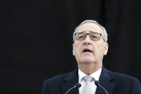 Guy Parmelin, President de la Confederation, parle lors de l&#039;assemblee des delegues UDC (Union d