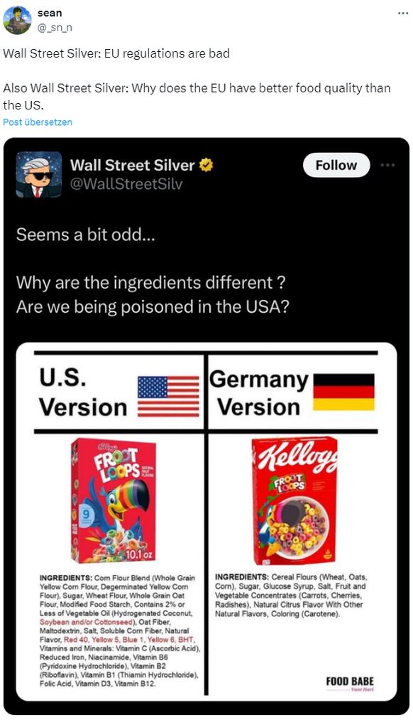 Zutaten von Kellogg's Froot Loops in den USA und Deutschland im Vergleich.