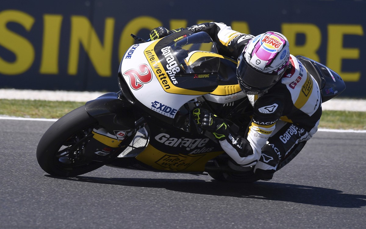 Switzerland's Moto2 rider Jesko Raffin steers his Kalex during the first practice session for the Australian Motorcycle Grand Prix at Phillip Island near Melbourne, Australia, Friday, Oct. 20, 20 ...