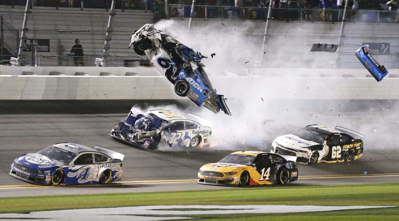 Ryan Newman (6) goes airborne as he collided with Corey LaJoie (32) on the final lap of the NASCAR Daytona 500 auto race at Daytona International Speedway, Monday, Feb. 17, 2020, in Daytona Beach, Fla ...