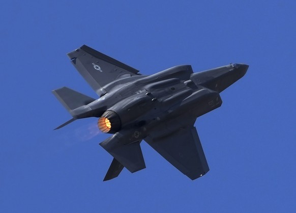 U.S. Air Force fighter aircraft F-35 performs aerobatic maneuvers on the second day of the Aero India 2025, a biennial event, at Yelahanka air base in Bengaluru, India, Tuesday, Feb. 11, 2025. (AP Pho ...