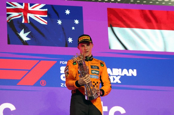 epa12043476 McLaren&#039;s Australian driver Oscar Piastri celebrates winning the Formula 1 Saudi Arabian Grand Prix at the Jeddah Corniche Circuit in Jeddah, Saudi Arabia, 20 April 2025. EPA/ALI HAID ...