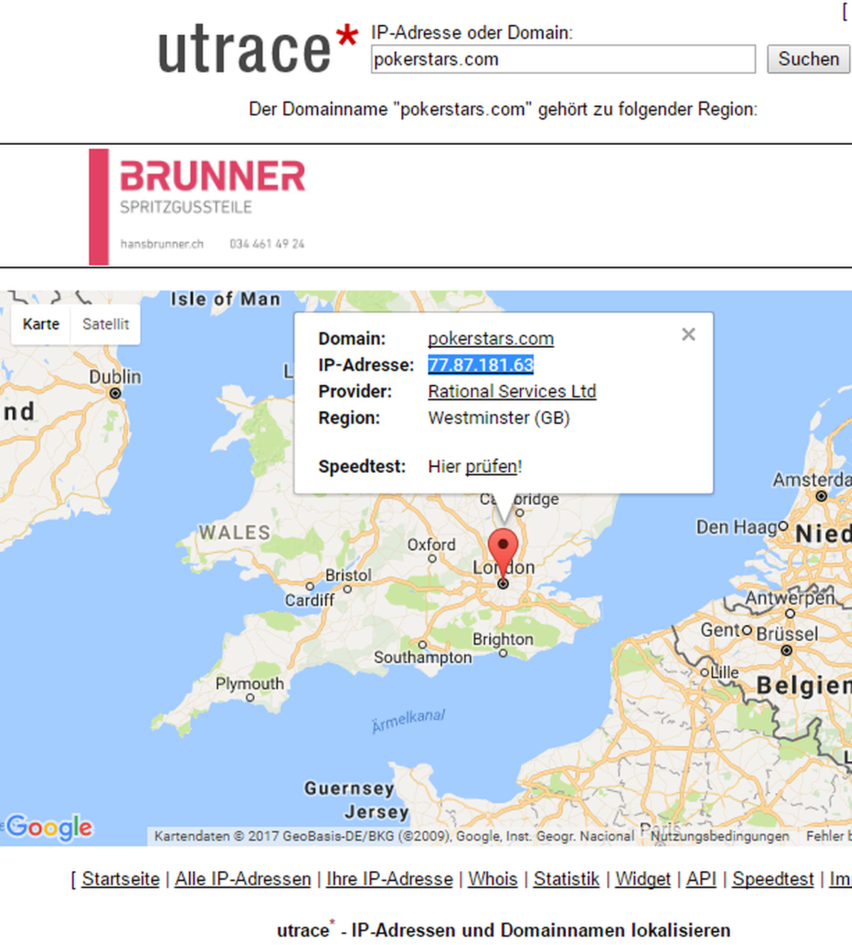 Webseiten wie utrace.de übersetzen Webseiten-Namen in IP-Adressen und umgekehrt.