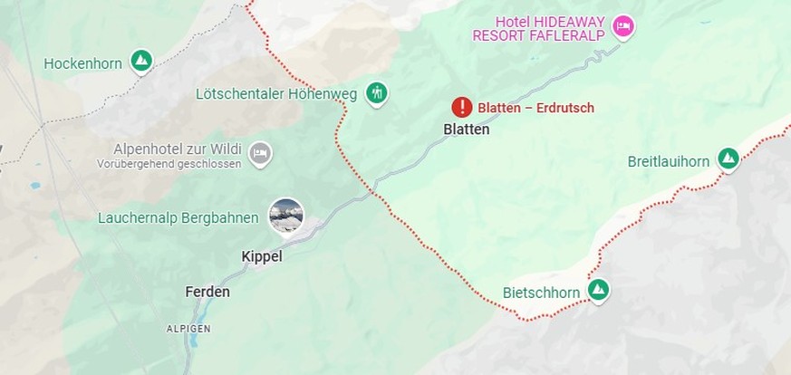 Unterhalb des verschütteten Blatten befinden sich die Dörfer Wiler (Lötschen) [auf der Karte nicht angeschrieben, nordöstlich von Kippel], Kippel und Ferden.