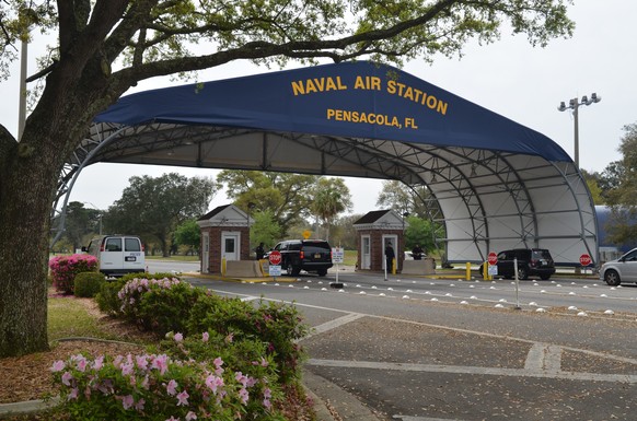 epa08050896 (FILE) - A handout file photo made available by the US Navy shows the main gate of the Naval Air Station (NAS) Pensacola on Navy Boulevard in Pensacola, Florida, USA, 16 March 2016 (issued ...