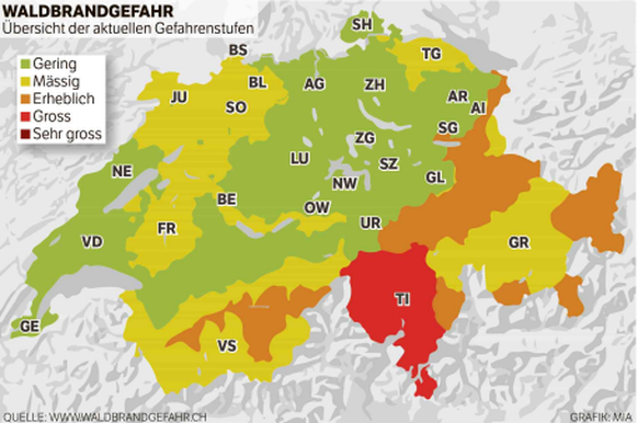 Die Karte zeigt die aktuelle Waldbrandgefahr in der Schweiz.&nbsp;