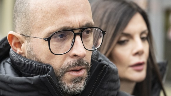KEYPIX - The owners of "Le Constellation" bar in Crans-Montana, Jacques, left, and Jessica Moretti of France, arrive to a hearing before the public prosecutor of the canton of Valais, follow ...