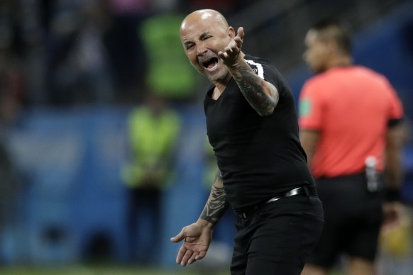 Argentina coach Jorge Sampaoli reacts during the group D match between Argentina and Croatia at the 2018 soccer World Cup in Nizhny Novgorod Stadium in Nizhny Novgorod, Russia, Thursday, June 21, 2018 ...