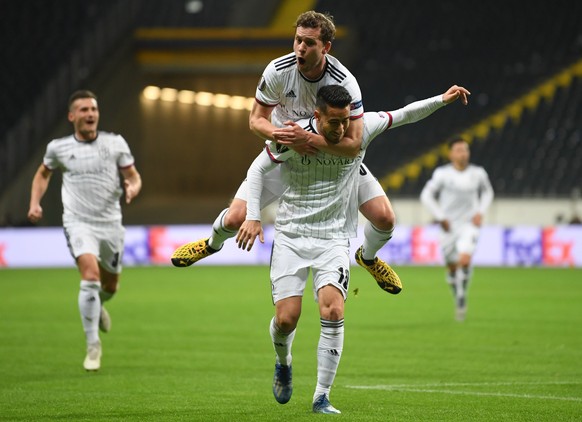 12.03.2020, Hessen, Frankfurt/M.: Fußball: Europa League, K.o.-Runde, Achtelfinale, Hinspiel: Eintracht Frankfurt - FC Basel in der Eintracht Frankfurt - FC Basel. Basels Samuele Campo (vorn) jubelt m ...