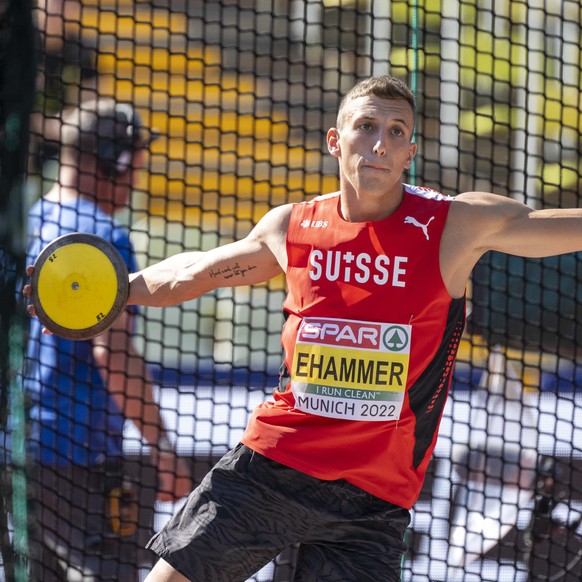 Switzerland's Simon Ehammer during the Men's Decathlon Discus Throw of the 2022 European Championships Munich at the Olympiastadion in Munich, Germany, on Tuesday, August 16, 2022. (KEYSTONE/Georgios  ...