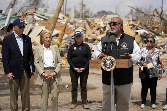 President Joe Biden listens as Rep. Bennie Thompson, D-Miss., speaks in Rolling Fork, Miss., Friday, March 31, 2023. From left, Biden, first lady Jill Biden, FEMA Administrator Deanne Criswell, Thomps ...
