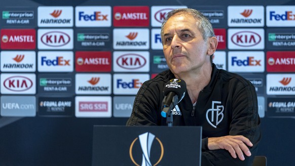 Basel&#039;s head coach Marcel Koller speaks attends a press conference the day before the UEFA Europa League round of sixteen second leg soccer match between Switzerland&#039;s FC Basel 1893 and Germ ...