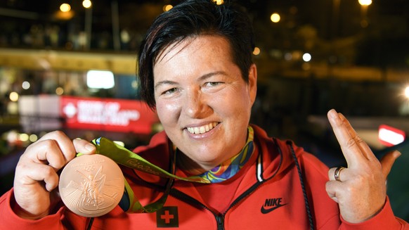 Bronze medalist of the shooting women&#039;s 25m Pistol competition Heidi Diethelm Gerber of Switzerland poses with the bronze medal during a medal celebration at the House of Switzerland, in Rio de J ...