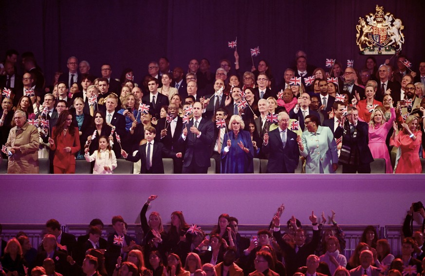 Members of the Royal Family front row from left: Prince Richard, Duke of Gloucester, Kate, Princess of Wales, Princess Charlotte, Prince George, Prince William, Queen Camilla and King Charles III look on...