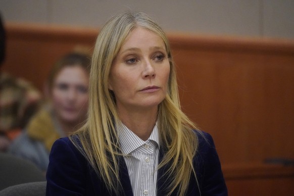 epa10551461 Gwyneth Paltrow reacts to the verdict in the trial over her 2016 ski collision with 76-year-old Terry Sandersonon the final day of her eight-day trial in Park City, Utah, USA, 30 March 202 ...