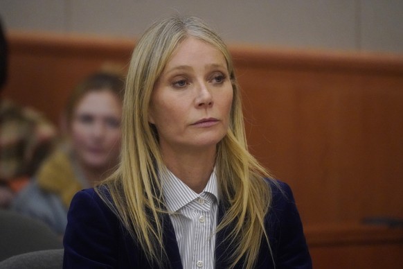 epa10551461 Gwyneth Paltrow responds to the trial ruling over her 2016 ski collision with 76-year-old Terry Sanderson on the final day of her eight-day trial in Park City, Utah, U.S., March 30, 202…