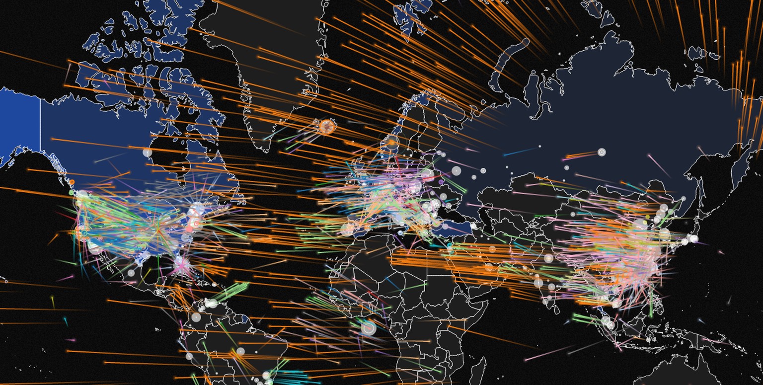 Die Karte zeigt, wo Computer-Angriffe einschlagen und aus welchen Ländern sie kommen.