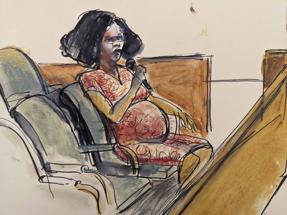 In this courtroom sketch Jerhonda Pace testifies against R&amp;B star R. Kelly during the singer&#039;s sex abuse trial Wednesday, Aug. 18, 2021, in New York. (Elizabeth Williams via AP)