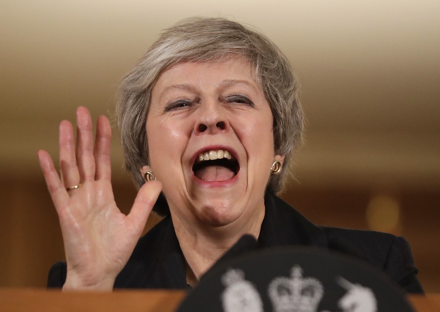 Britain&#039;s Prime Minister Theresa May gestures during a press conference inside 10 Downing Street in London, Thursday, Nov. 15, 2018. British Prime Minister Theresa May says if politicians reject  ...