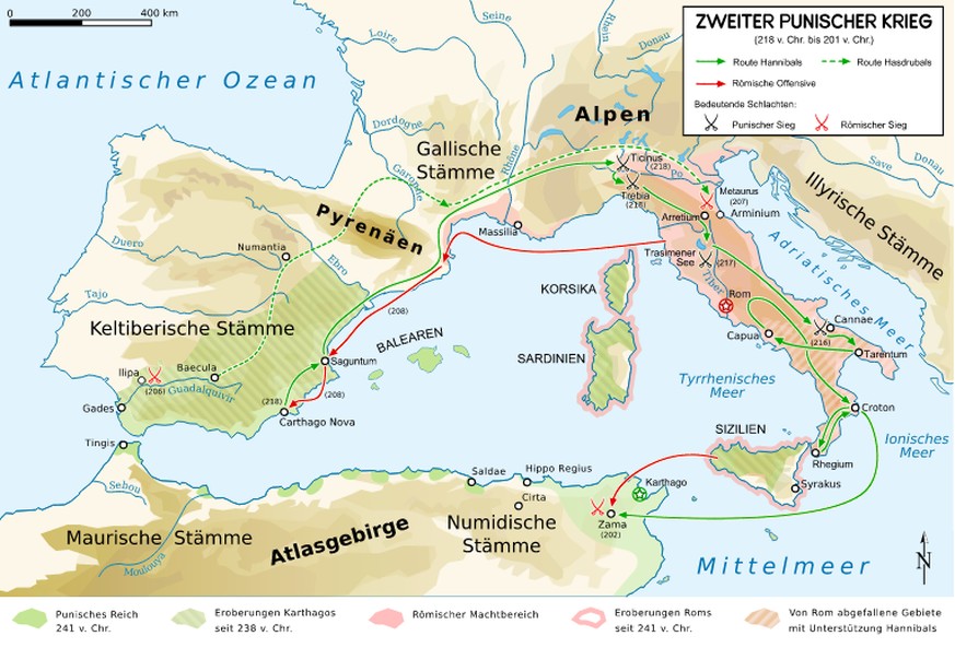 Hannibals Route von Spanien nach Italien mit den grossen Schlachten am Metaurus, am&nbsp;trasimenischen See, in Cannae und Zama.&nbsp;