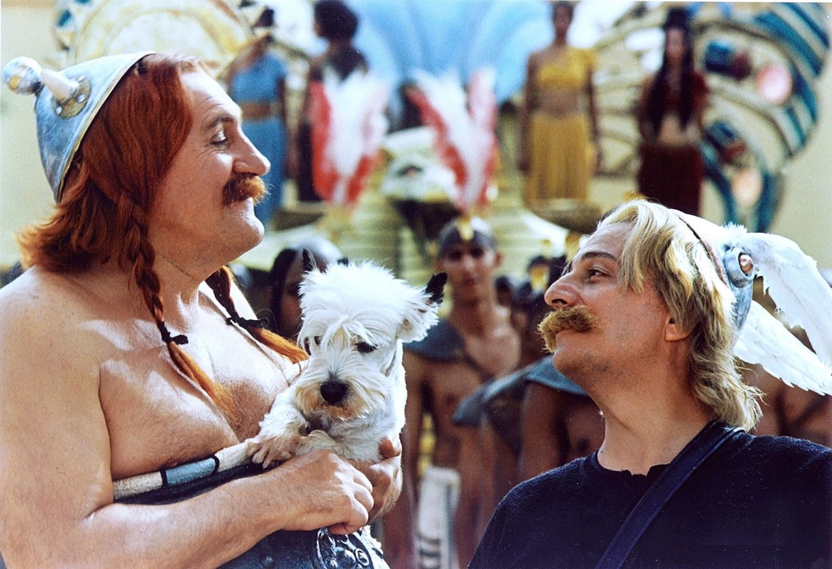 This handout picture made available Wednesday January 30, 2002, shows French actors Gerard Depardieu, left, playing Obelix , and Christian Clavier, right, as Asterix in a scene from French director Al ...