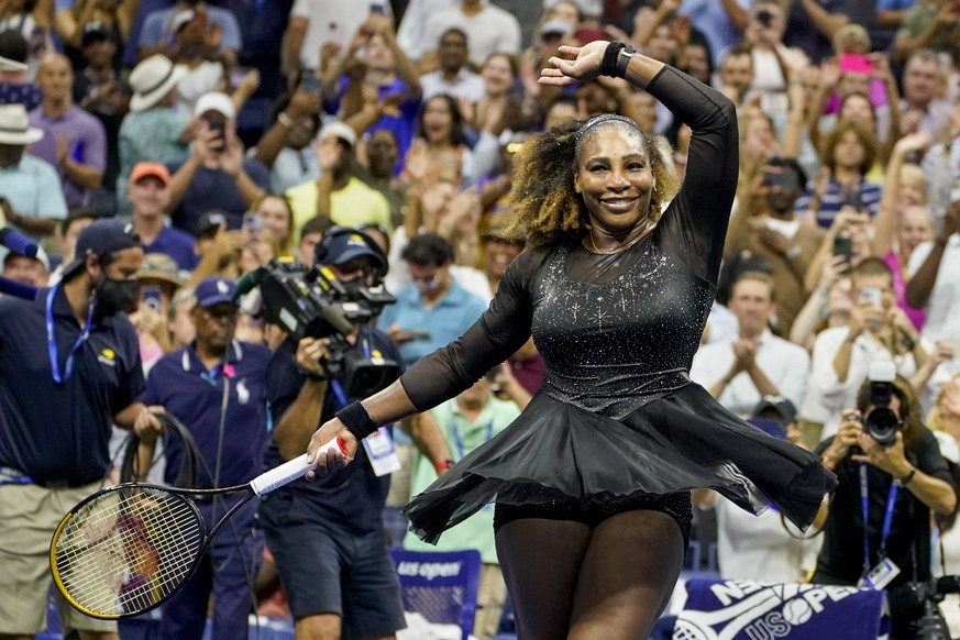 Serena Williams, of the United States, waves to the crowd after defeating Danka Kovinic, of Montenegro, during the first round of the US Open tennis championships, Monday, Aug. 29, 2022, in New York.  ...