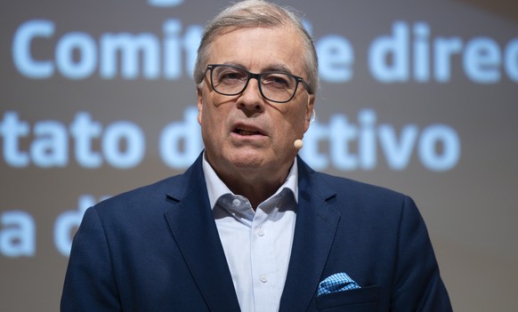 SRG-Verwaltungsratspraesident Jean-Michel Cina spricht waehrend der Vorstellung der neuen Geschaeftsleitungsmitglieder der SRG, am Mittwoch, 11. Maerz 2026 in Bern. (KEYSTONE/Peter Klaunzer)