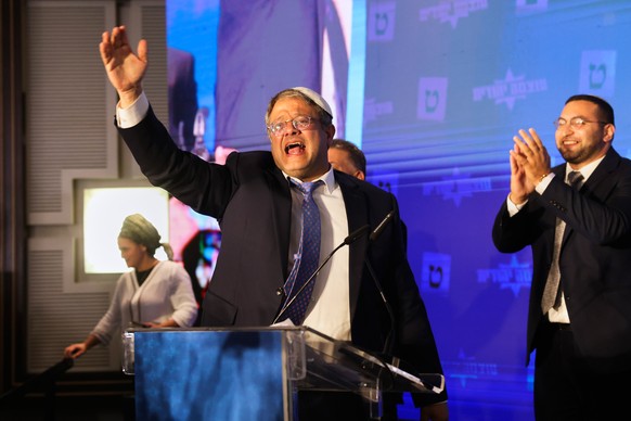 FILE - Israeli far-right lawmaker Itamar Ben-Gvir gestures after election exit poll results are released at his party's headquarters in Jerusalem on Nov. 2, 2022. (AP Photo/Oren Ziv, File)
Itamar ...