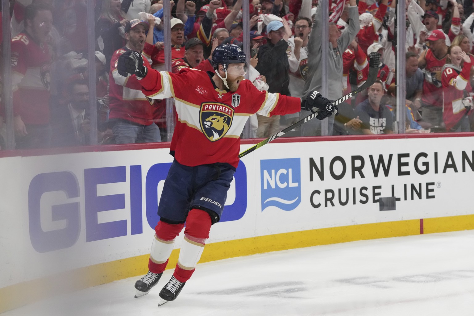 Florida Panthers center Sam Bennett (9) celebrates after scoring a goal during the second period of Game 3 of the NHL Stanley Cup final against the Edmonton Oilers Monday, June 9, 2025, in Sunrise, Fl ...
