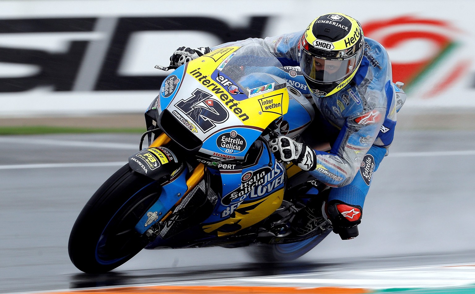 epa07170467 Swiss Moto GP rider Thomas Luthi of EG 0,0 Marc VDS Honda team in action during the practice session of the Comunitat Valenciana Motorcycling Grand Prix at Ricardo Tormo Circuit, in Cheste ...