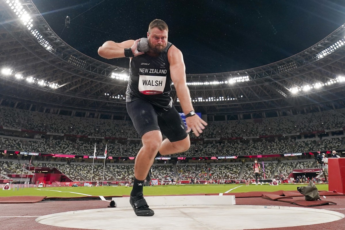 Tomas Walsh, of New Zealand, competes in qualifications for the men's shot put at the 2020 Summer Olympics, Tuesday, Aug. 3, 2021, in Tokyo. (AP Photo/David J. Phillip)