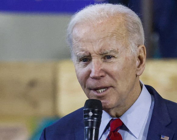 epa10455593 US President Joe Biden speaks at the Laborers&#039; International Union of North America training center in DeForest, Wisconsin, USA, 08 February 2023. Biden is coming off his State of the ...