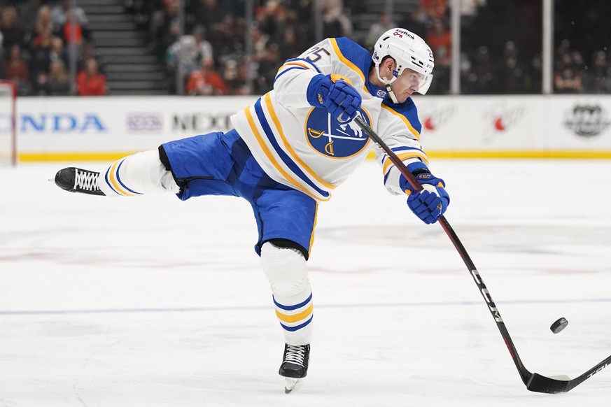 Buffalo Sabres&#039; Arttu Ruotsalainen shoots during the first period of an NHL hockey game against the Anaheim Ducks, Thursday, Oct. 28, 2021, in Anaheim, Calif. (AP Photo/Jae C. Hong)