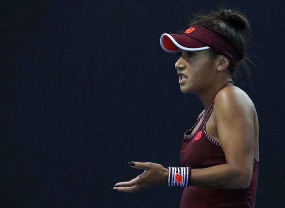 Britain&#039;s Heather Watson gestures to the umpire while playing Kazakstan&#039;s Yulia Putintseva during their first round match at the Australian Open tennis championships in Melbourne, Australia, ...