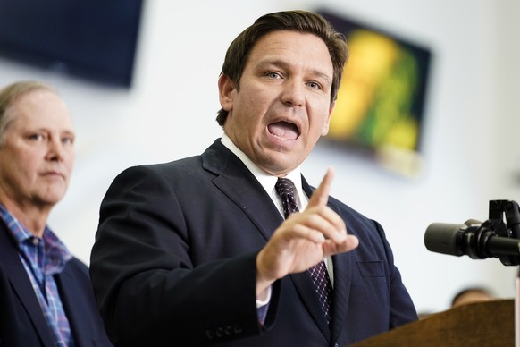 Florida Gov. Ron DeSantis speaks to supporters and members of the media after a bill signing Thursday, Nov. 18, 2021, in Brandon, Fla. DeSantis signed a bill that protects employees and their families ...