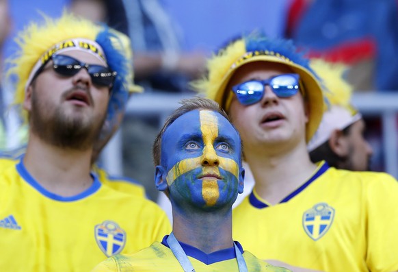 Sweden fans wait the quarterfinal match between Sweden and England at the 2018 soccer World Cup in the Samara Arena, in Samara, Russia, Saturday, July 7, 2018. (AP Photo/Alastair Grant)